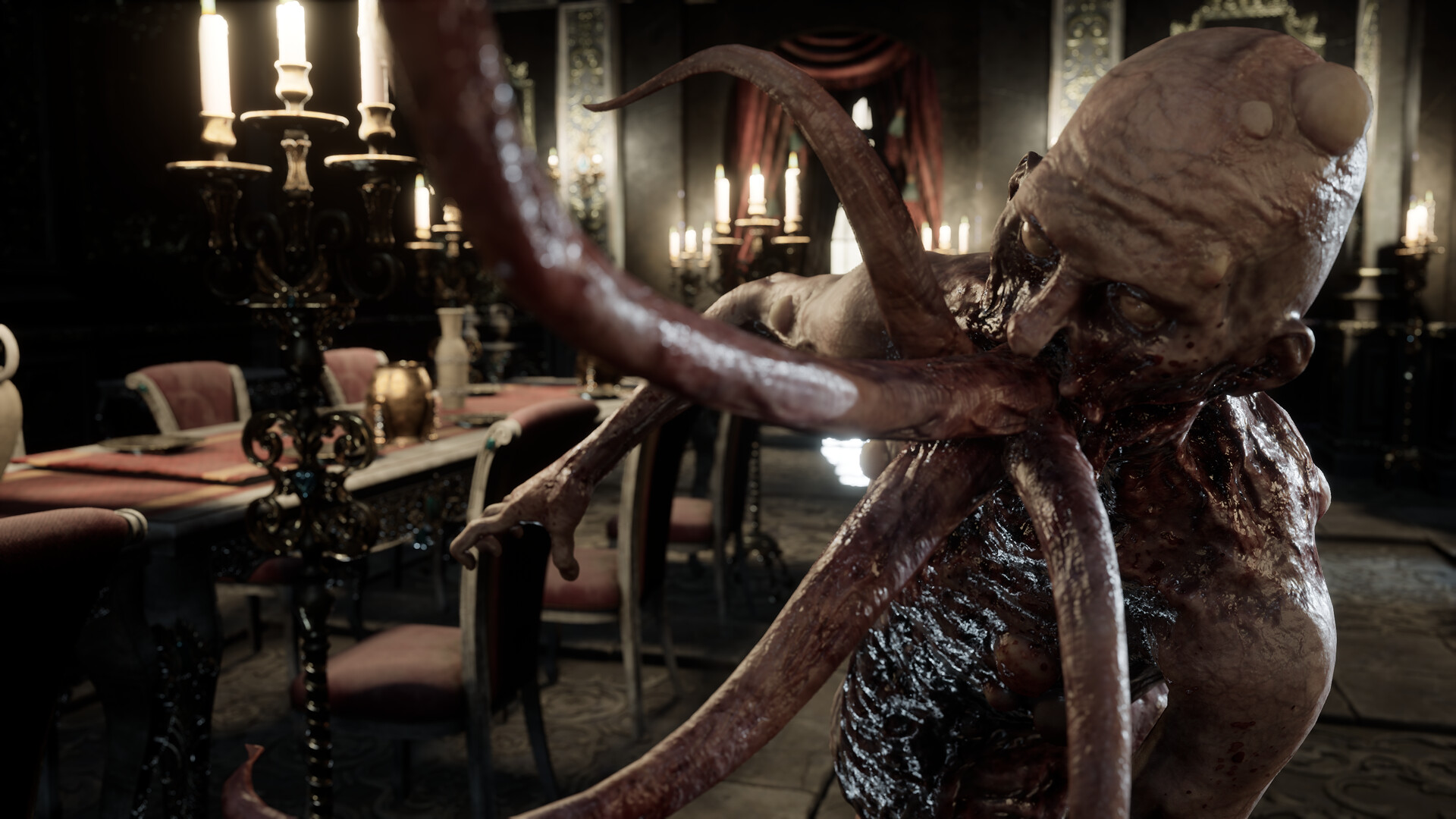 Nature of Dread screenshot of a tentacled creature with a bandaged head in a candlelit dining hall.
