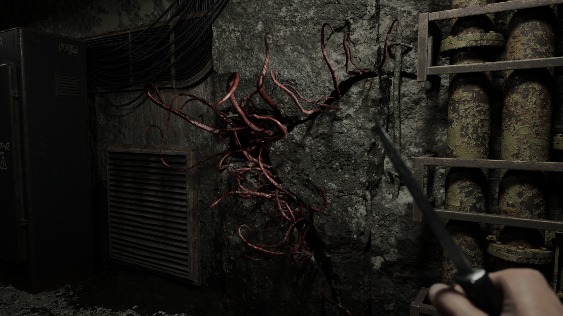 Nature of Dread first-person screenshot of red vein-like roots spreading over a wall beside shelves of jars.